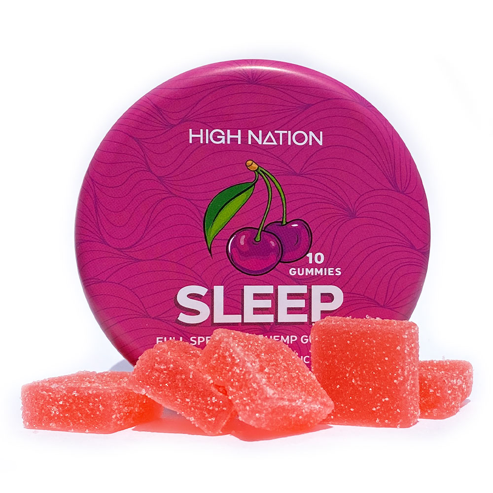 sleep tin with cbn and delta 9 gummies on white background