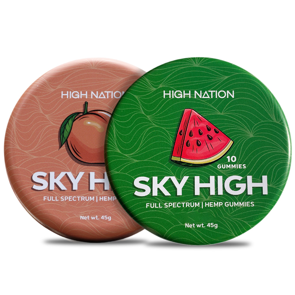 watermelon tin with delta 9 thc gummies on white background