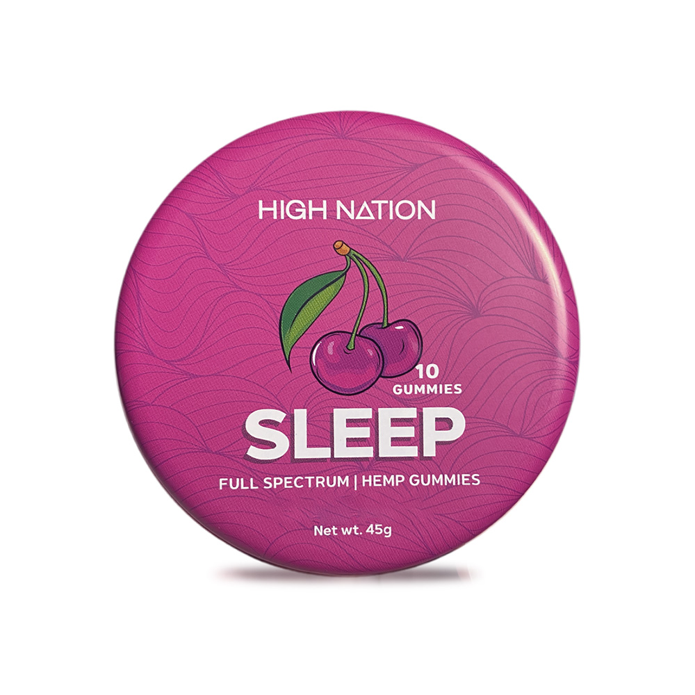 sleep tin with cbn and delta 9 gummies on white background